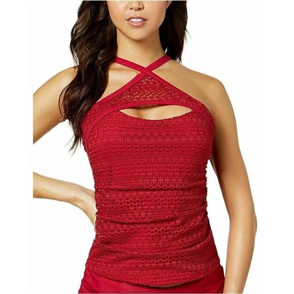 NWT Island Escape 8 Aloha Tankini Lace Crochet Raspberry Halter Swim Top 86873 - Picture 1 of 3